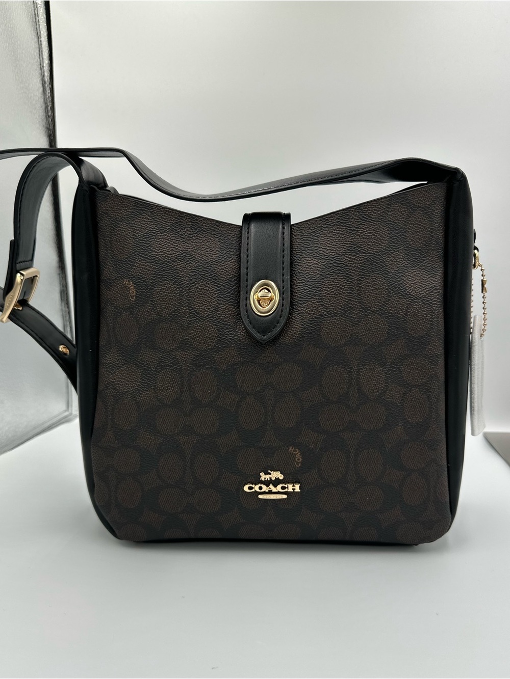 Coach Hadley Hobo Signature Canvas Black Gold Turnlock CW003 NWT